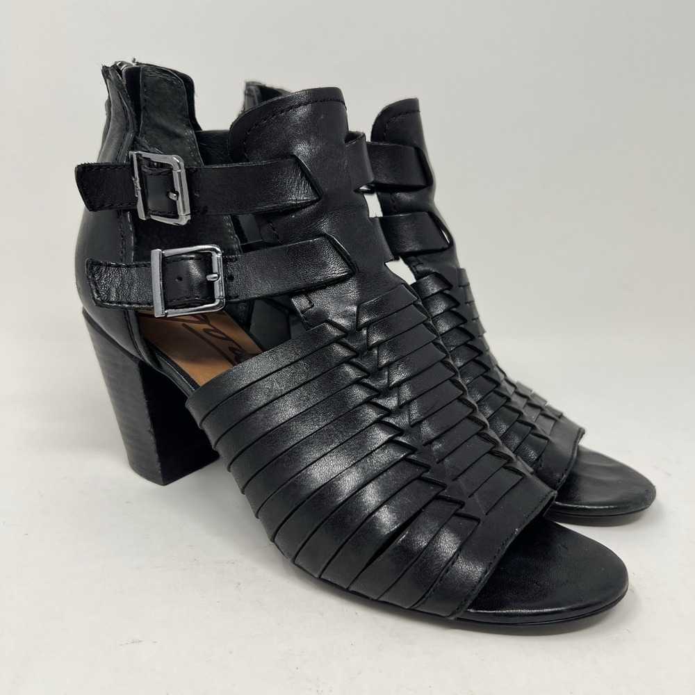 Zodiac Women's 8 Cassie Black Leather Sandals Woven Open Toe Block Heel‎ Zip